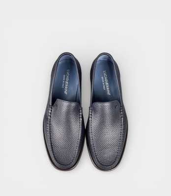 Чоловічі лофери Luca Guerrini шкіряні перфоровані темно-сині вид зверху з брендом