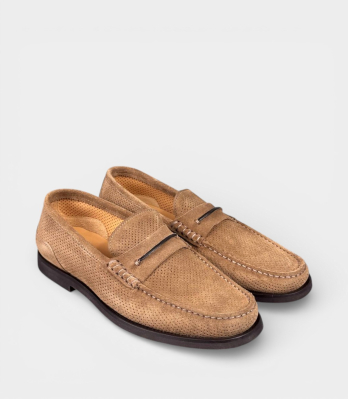 Чоловічі лофери Luca Guerrini замшеві перфоровані бежеві вид спереду