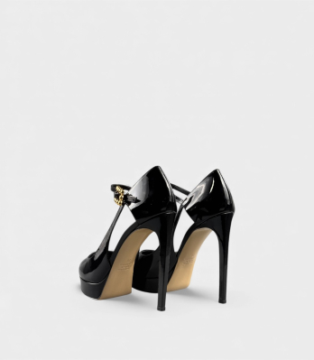 Чорні лаковані туфлі Ninalilou на високій шпильці з платформою та ремінцем збоку