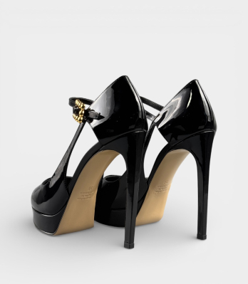 Елегантні чорні лакові туфлі Ninalilou на шпильці з ремінцем і золотою пряжкою-ланцюжком