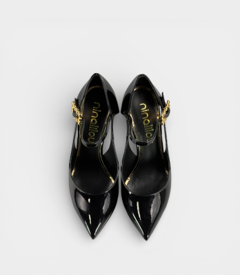 Чорні лакові туфлі Ninalilou Mary Jane на шпильці з золотим ланцюжком декором