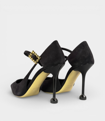 Чорні замшеві помпи Ninalilou на шпильці з золотим бусинковим декором ремінця на щиколотці stiletto heel італійська замша