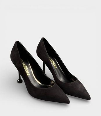Чорні замшеві помпи Ninalilou на вигнутому каблуку профільний вид pointed toe чорна замша з глянцевим каблуком