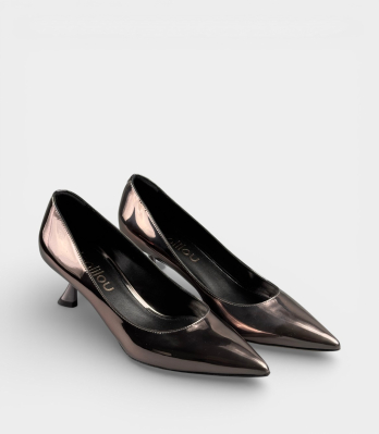 Чорні з бронзовим відливом туфлі Ninalilou лакові pointed toe kitten heel елегантні помпи пара