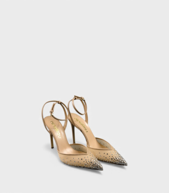 Фронтальний вид пари туфель Ninalilou бежевих з кристалами для жінок