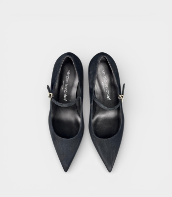 Жіночі чорні туфлі Sergio Levantesi на танкетці з гострим носком та пряжкою, вид зверху, італійська замша